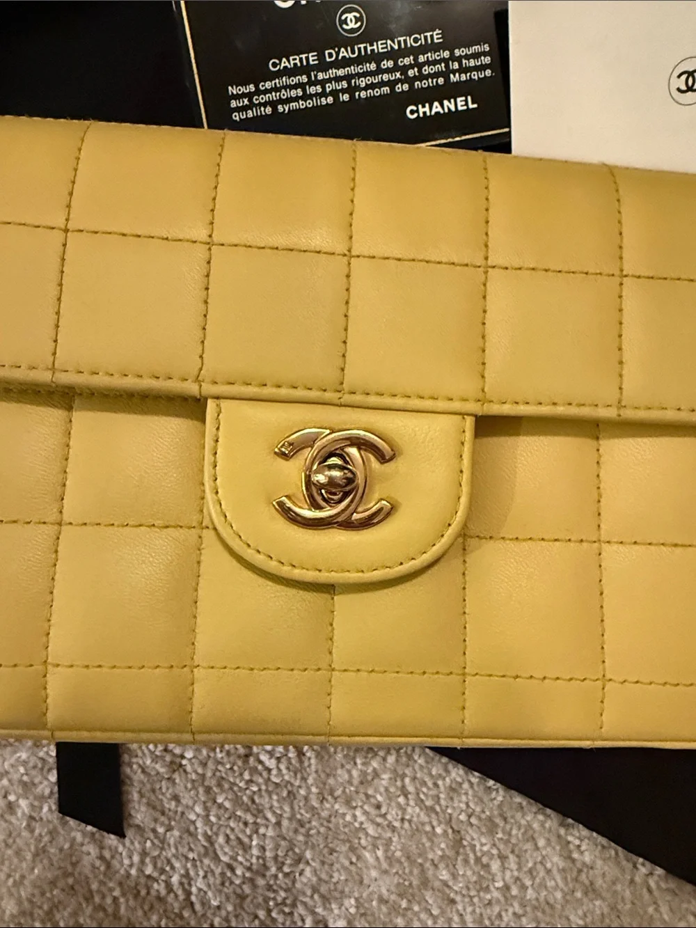 Vintage Chanel Chocolate bar East West - Yellow Quilted Leather Flap